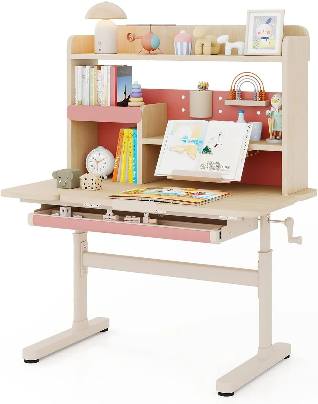 COSTWAY Biurko i stół komputerowy: z szufladami, 74 cm, różowy