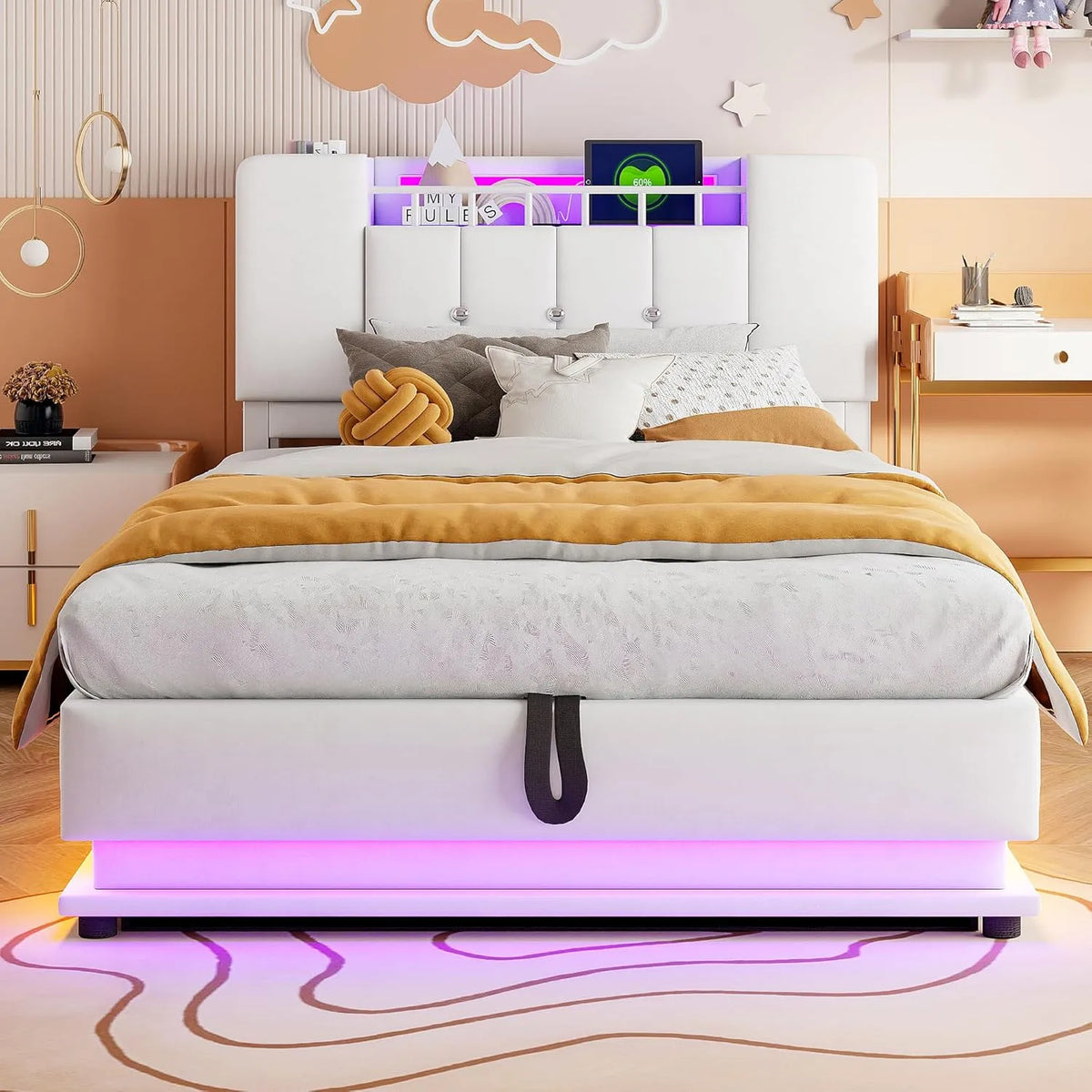 Łóżko bagażowe 90 x 200 cm z miejscem do przechowywania — z portem USB, wyświetlacz LED, 90 × 200 cm, beżowy