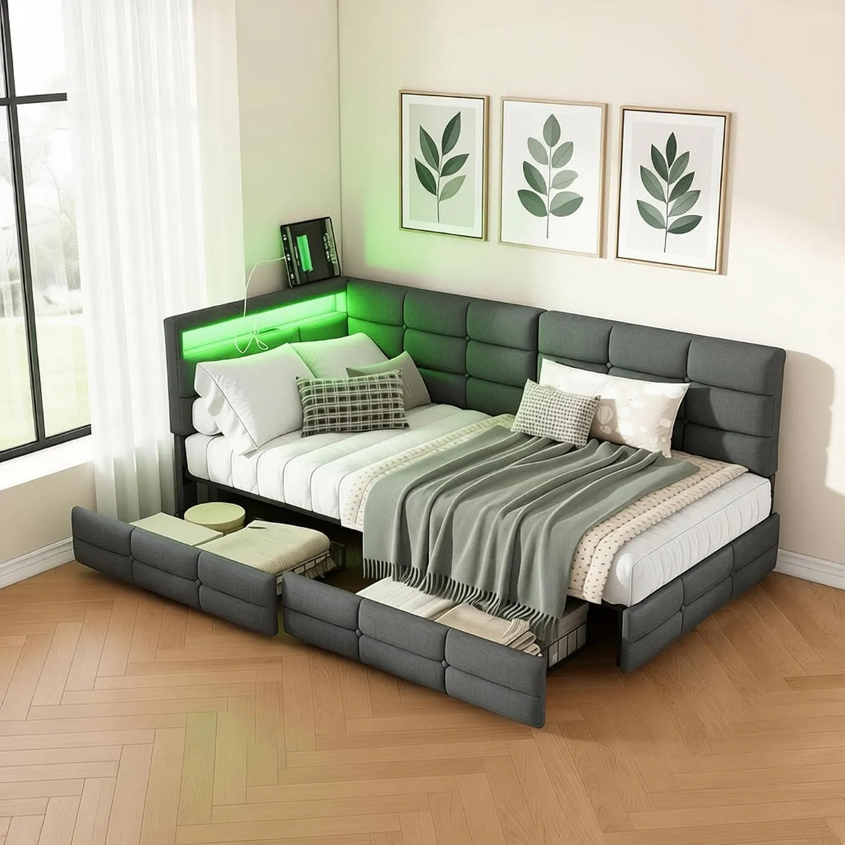 Łóżko tapicerowane i rama łóżka z obiciem – z szufladami, z funkcją spania, z portem USB, wyświetlacz LED, 2 szufladami, 90 × 200 cm