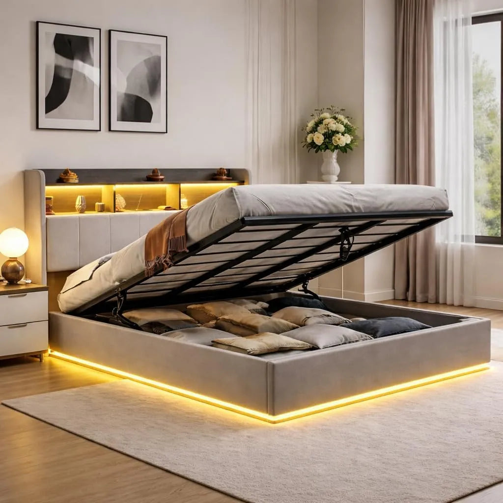 Łóżko tapicerowane i rama łóżka z obiciem – z drewna, z szufladami, z portem USB, tapicerka aksamitna, 140 × 200 cm, z oświetleniem LED