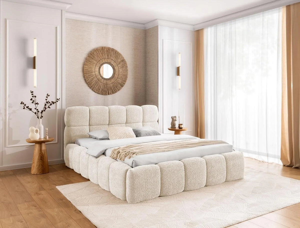 Łóżko tapicerowane i rama łóżka z obiciem — kremowe, 120 × 200 cm, tapicerka materiałowa