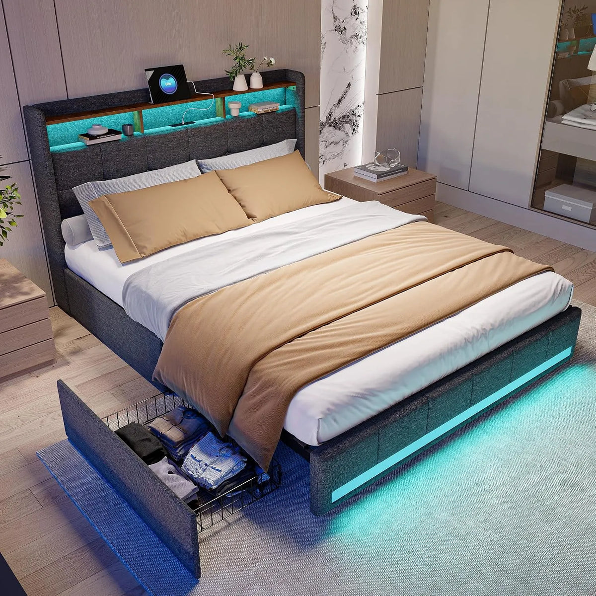 Łóżko tapicerowane i rama łóżka z obiciem — tapicerka materiałowa, z szufladami, z portem USB, wyświetlacz LED, 4 szufladami, 140 × 200, 140 × 200 cm