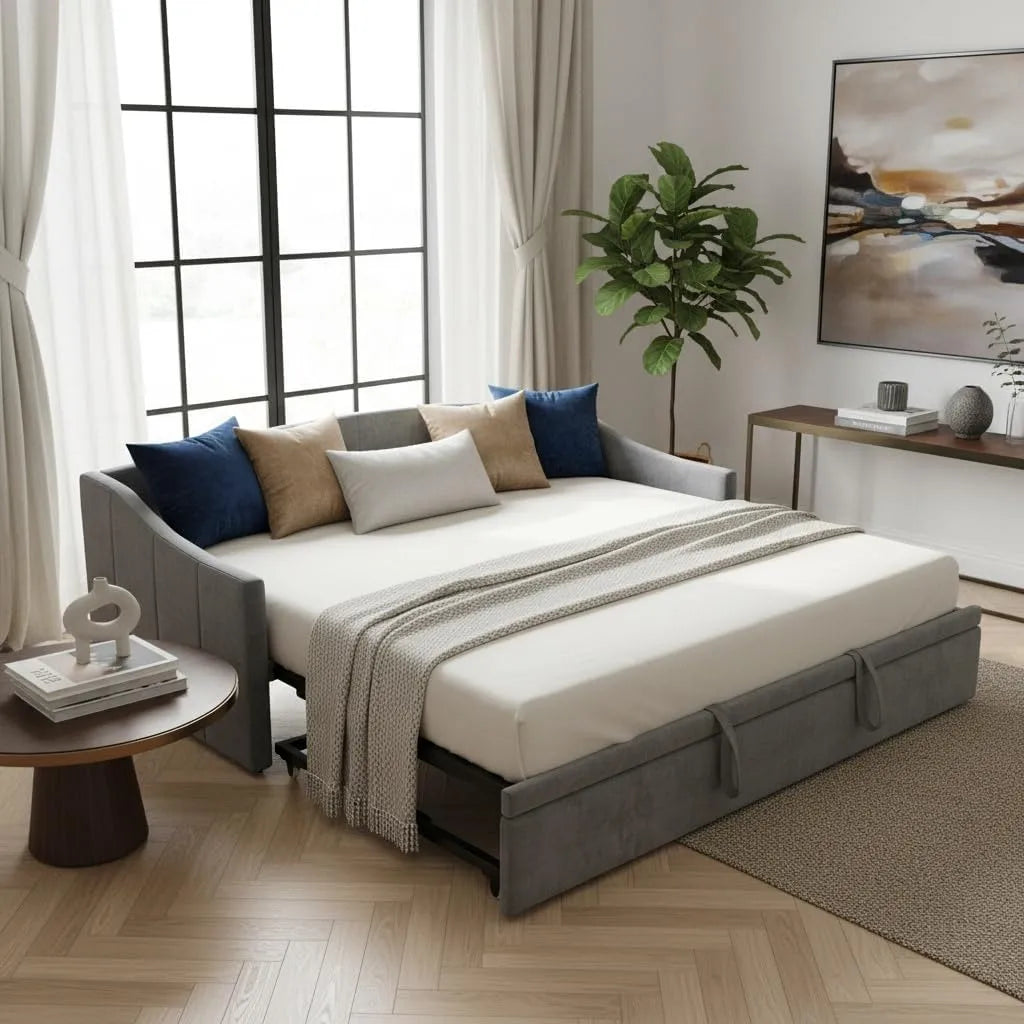 Sofa – z drewna, 90 × 200 cm, 180 × 200 cm, rozkładana konstrukcja, tapicerka materiałowa