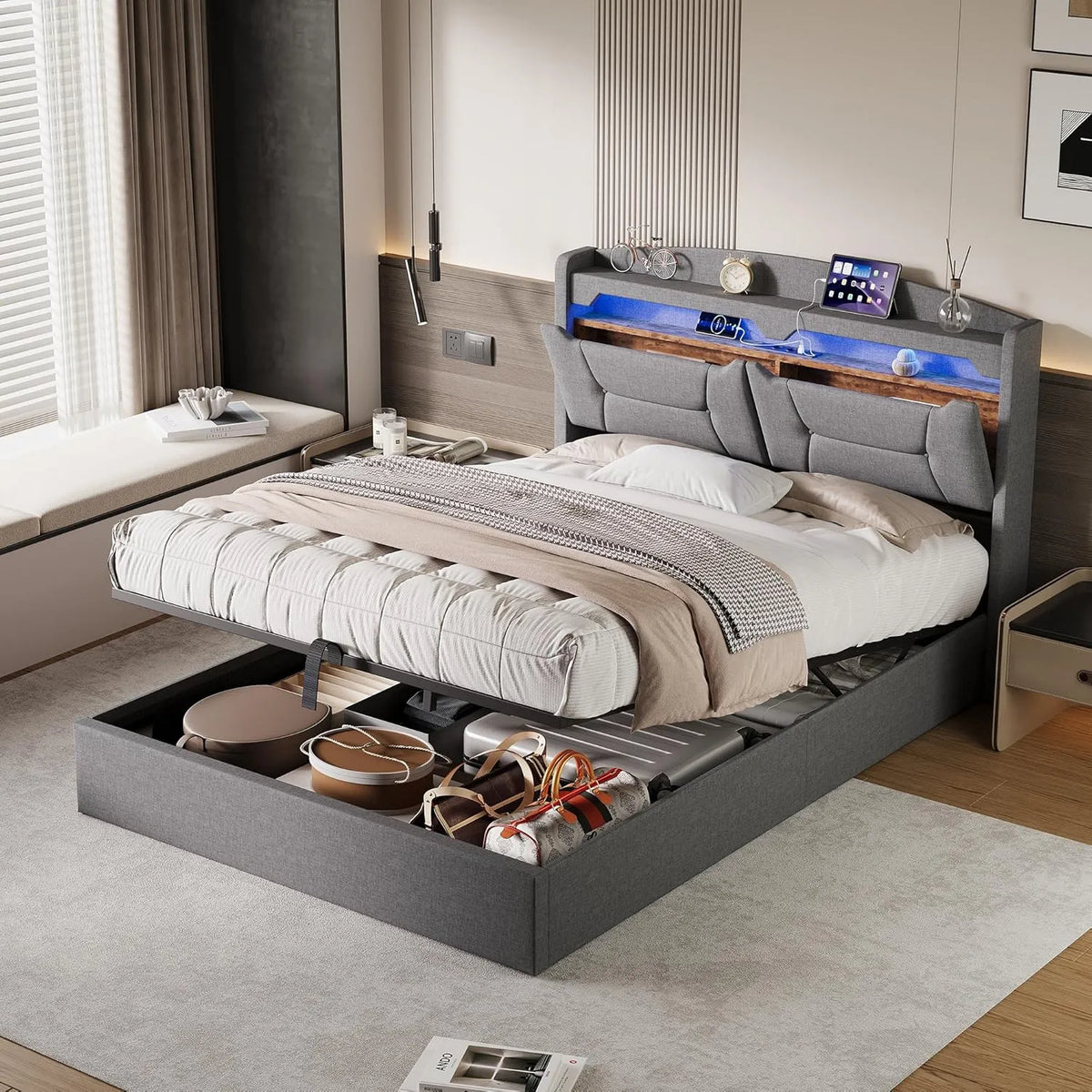 Łóżko tapicerowane i rama łóżka z obiciem – z portem USB, wyświetlacz LED, 140 × 200 cm