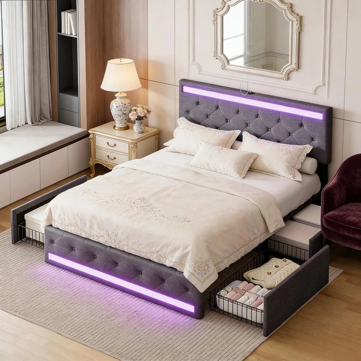 Podwójne łóżko 180 x 200 z diodą LED i szufladą — tapicerka materiałowa, z szufladami, z portem USB, wyświetlacz LED, 180 × 200, tapicerka materiałowa