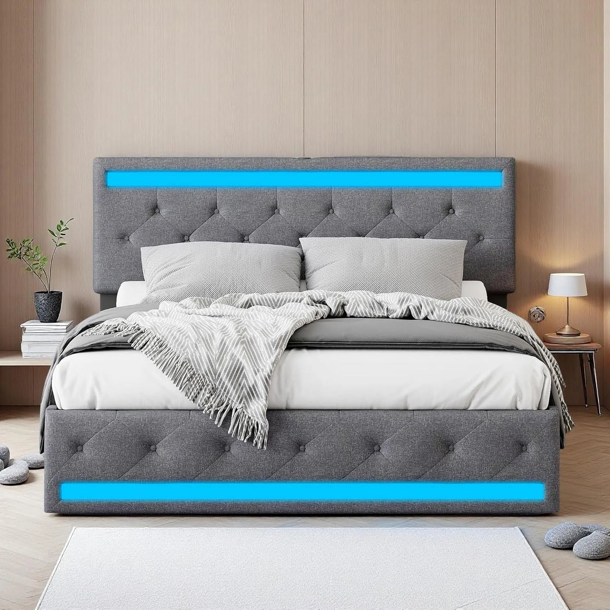 Łóżko tapicerowane i rama łóżka z obiciem — tapicerka materiałowa, z drewna, z szufladami, z portem USB, 4 szufladami, 180 × 200 cm, szary