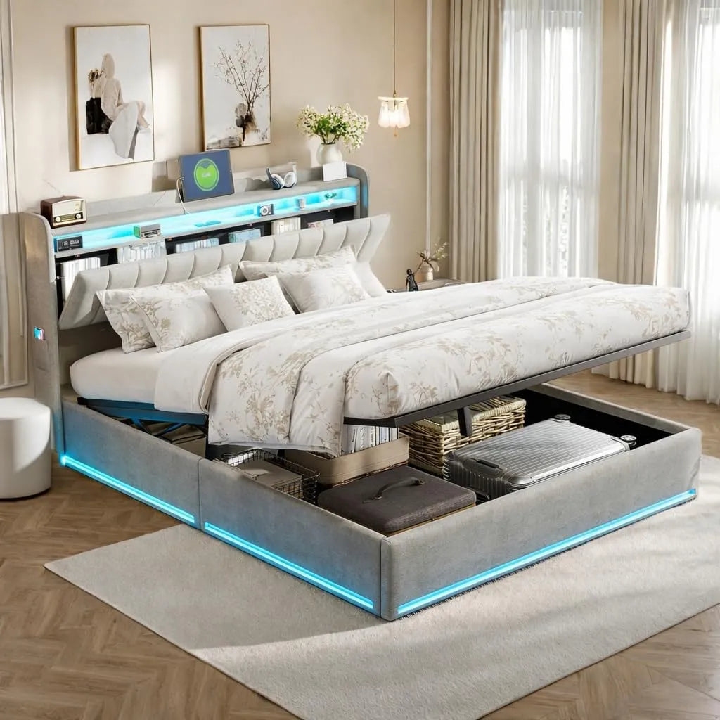 Łóżko tapicerowane i rama łóżka z obiciem: z portem USB, tapicerka aksamitna, wyświetlacz LED, 160 × 200 cm, szary, tapicerka materiałowa