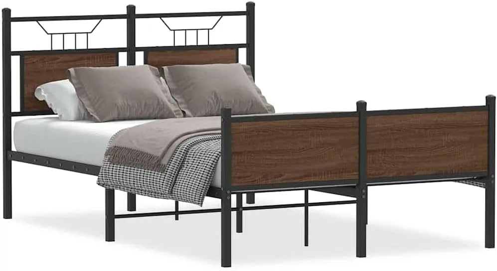 Rama łóżka i konstrukcja łóżka bez materaca z brązowego dębu – z drewna, 120 × 200 cm, brązowy, z metalu, tapicerka materiałowa