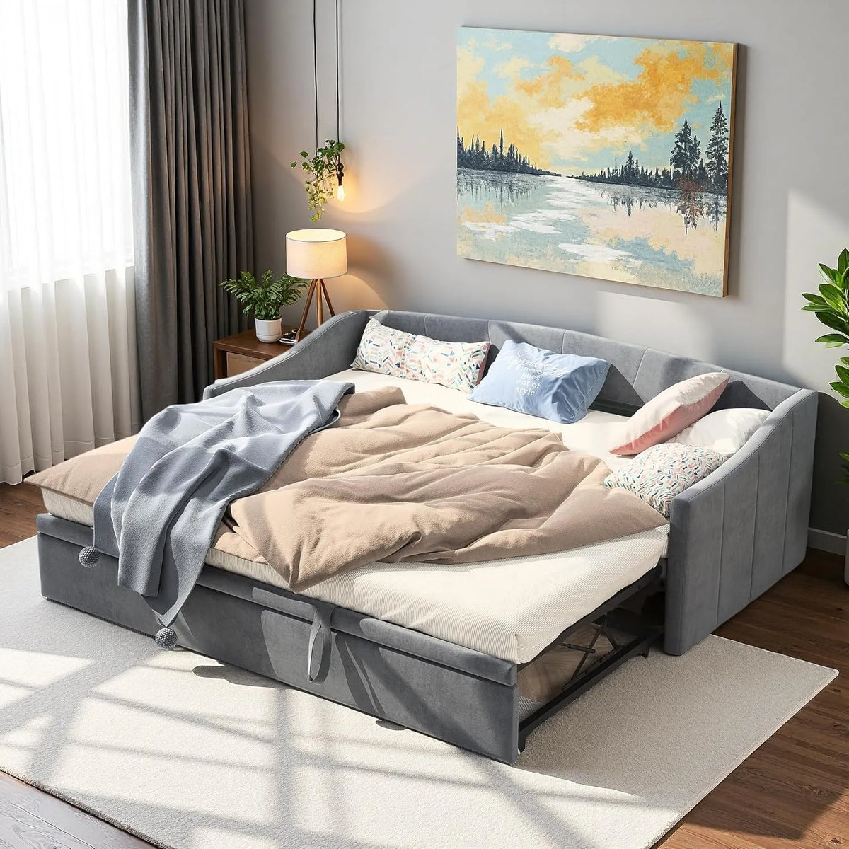 Sofa rozkładana i sofa z funkcją spania — tapicerka aksamitna, 2-osobowa, 180 × 200 cm, szary, tapicerka materiałowa