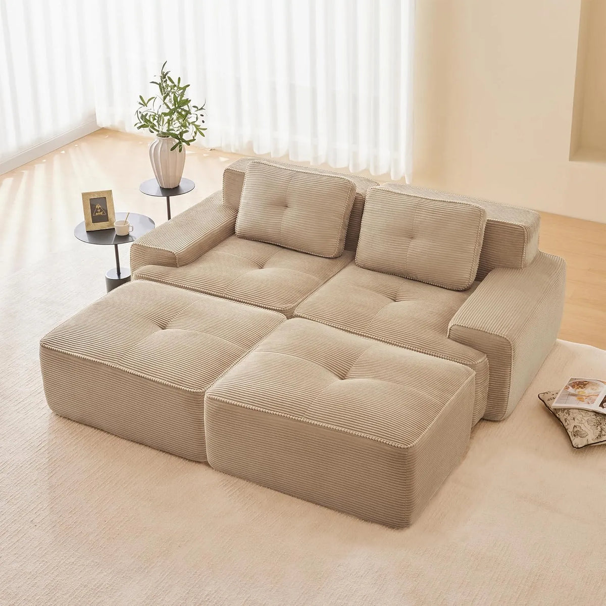 Sofa narożna – modułowa konstrukcja, głębokie siedzisko, ze sztruksu, 2-osobowe, beżowy