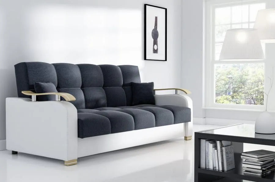 Sofa: z funkcją spania, z poduszkami, 119 × 190 cm, 215 cm, czarny, z pojemnikiem do przechowywania, rozkładana konstrukcja
