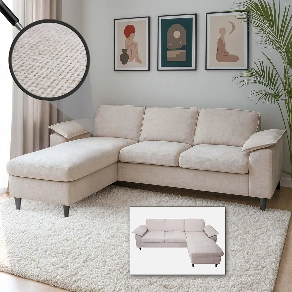 Sofa narożna – HWC-O71, beżowy, w kształcie litery L, z drewna, 84 × 229 × 140cm, 320 g