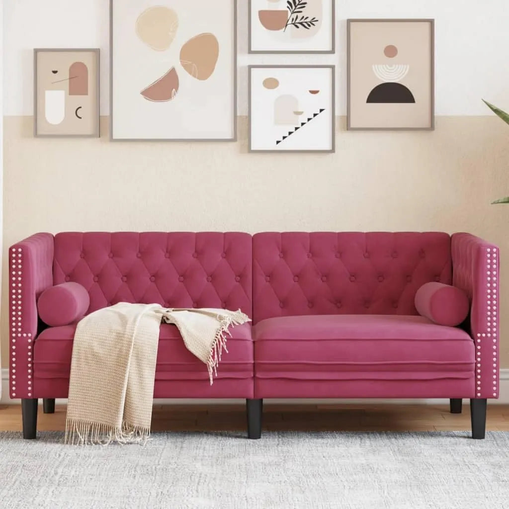 Sofa — Chesterfield, tapicerka materiałowa, z poduszkami, tapicerka aksamitna, 2-osobowa, tapicerka materiałowa