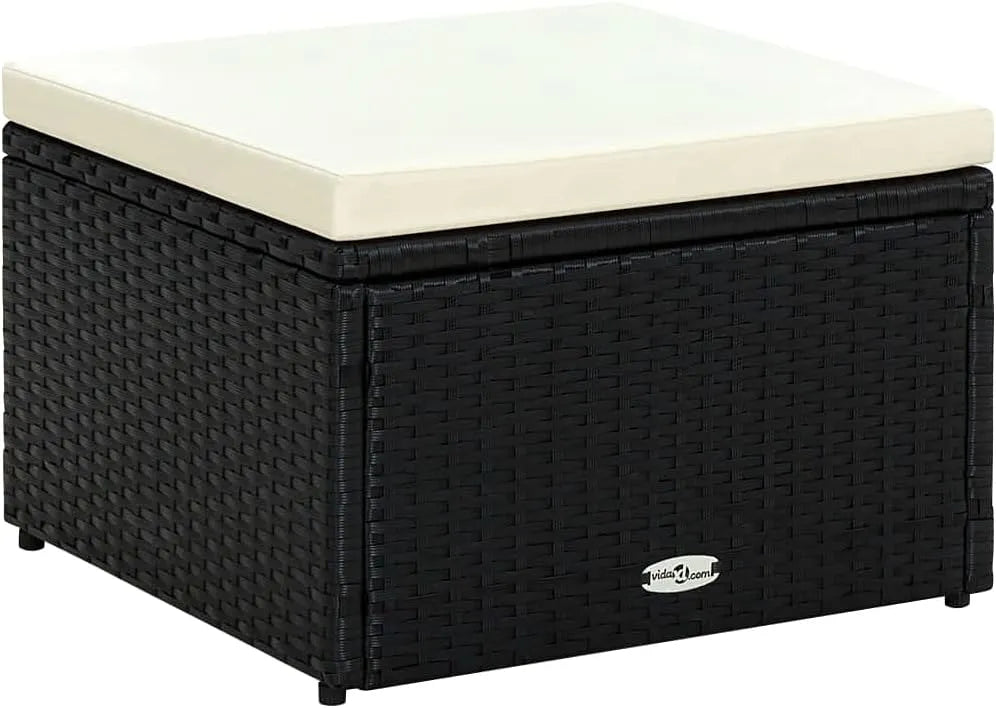 Taboret z poduszką polirattanowy – z poduszkami, odporny na warunki atmosferyczne, z technorattanu, 53 × 53 × 30 cm, czarny, z metalu