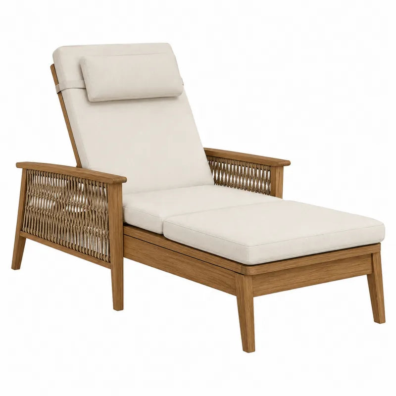 Leżak z drewna teak z beżową poduszką