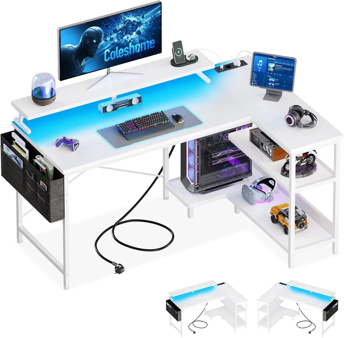 Biurko i stół komputerowy — z portem USB, gamingowy, wyświetlacz LED, do użytku domowego, 120 × 80cm, biały