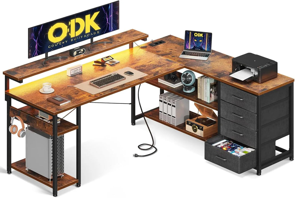 Biurko i stół komputerowy — z szufladami, z portem USB, wyświetlacz LED, do użytku domowego, 155×110cm, brązowy