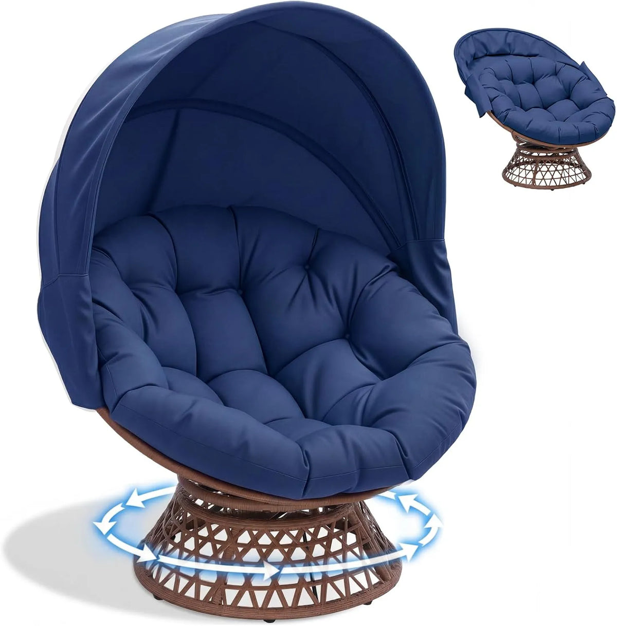 Fotel i krzesło tapicerowane papasan – z poduszkami, niebieski, z technorattanu