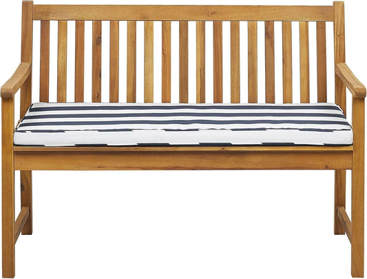 Klasyczna Ławka ogrodowa i ławka tarasowa drewniana 120 cm z poduszką niebiesko-białą Vivara – z drewna, z poduszkami, biały