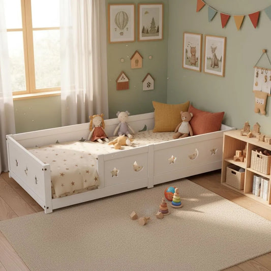 Montessori Łóżko dziecięce 90 x 200 cm – A01, z drewna, z zabezpieczeniem przed wypadnięciem, 90 × 200 cm, biały, z litego drewna