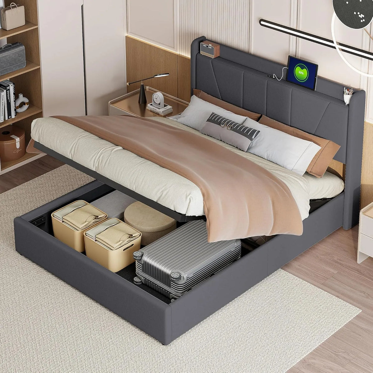 Łóżko tapicerowane i rama łóżka z obiciem – z portem USB, 160 × 200 cm, tapicerka materiałowa