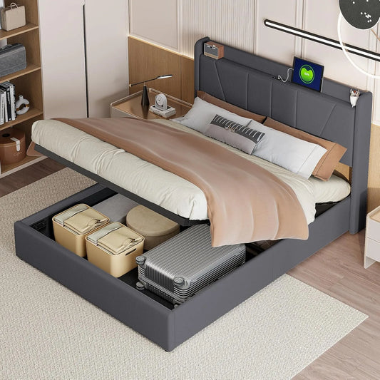 Łóżko tapicerowane i rama łóżka z obiciem – z portem USB, 160 × 200 cm, tapicerka materiałowa