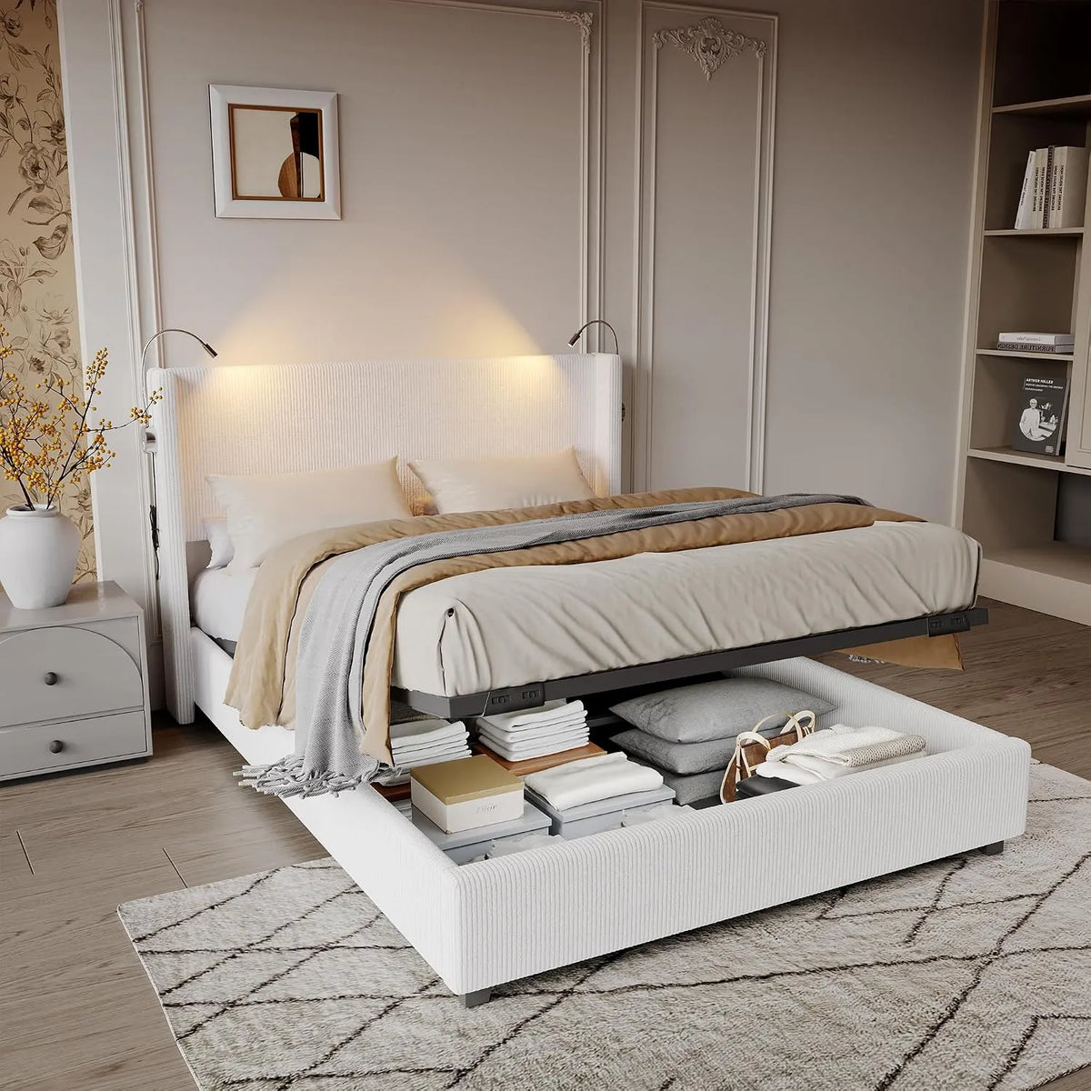 Łóżko tapicerowane i rama łóżka z obiciem — z portem USB, 140 × 200 cm, beżowy, tapicerka materiałowa