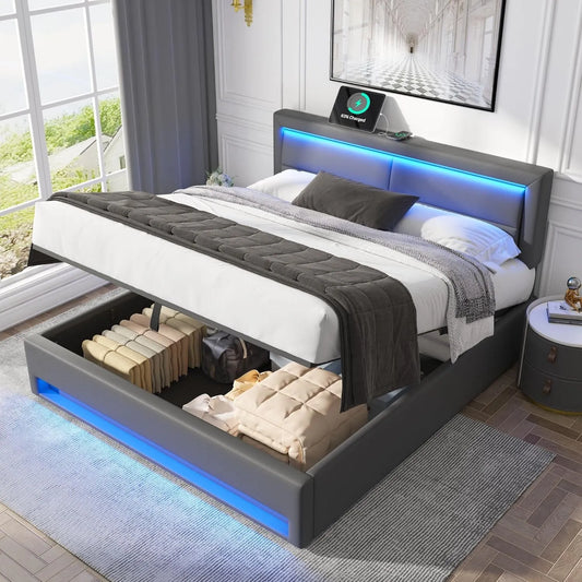 Łóżko tapicerowane i rama łóżka z obiciem – z portem USB, wyświetlacz LED, 140 × 200 cm, szary, tapicerka skórzana