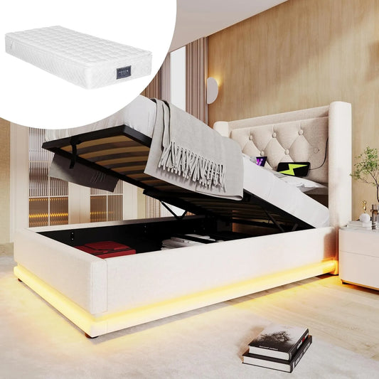 Łóżko pojedyncze z miejscem do przechowywania – USB-C, z portem USB, wyświetlacz LED, 90 × 200 cm, beżowy