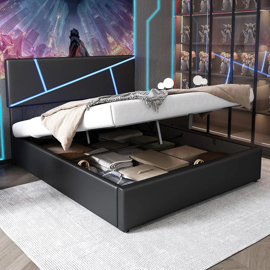 Łóżko tapicerowane i rama łóżka z obiciem: wyświetlacz LED, 90 × 200 cm, czarny, tapicerka materiałowa, tapicerka skórzana