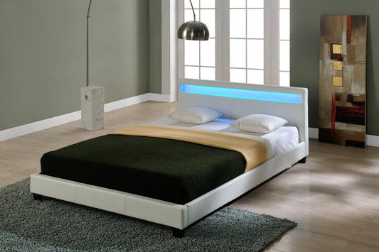 Łóżko tapicerowane i rama łóżka z obiciem — RGB, oświetlenie RGB, wyświetlacz LED, 160 × 200 cm, biały, tapicerka materiałowa, tapicerka skórzana