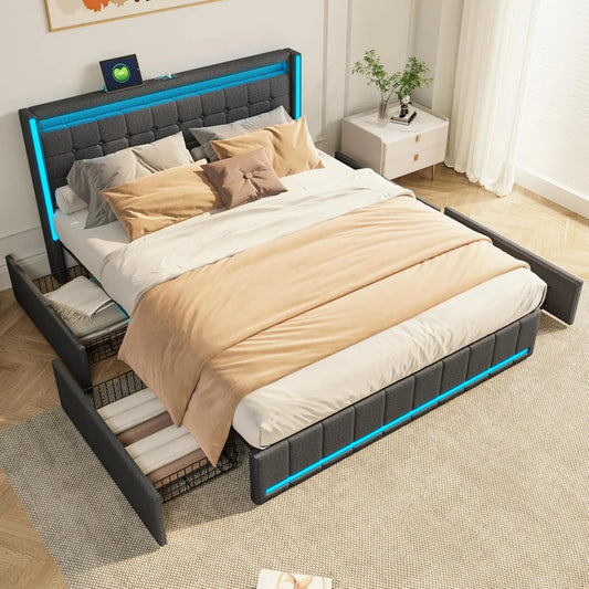 Rama łóżka i konstrukcja łóżka 180 x 200 z platformą na linki – z szufladami, z portem USB, wyświetlacz LED, 2-osobowe, 4 szufladami, 180 × 200