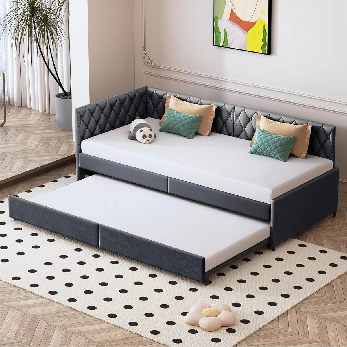 Sofa rozkładana i sofa z funkcją spania: tapicerka aksamitna, składana konstrukcja, 3-osobowe, 90, 180 × 200, szary, tapicerka materiałowa