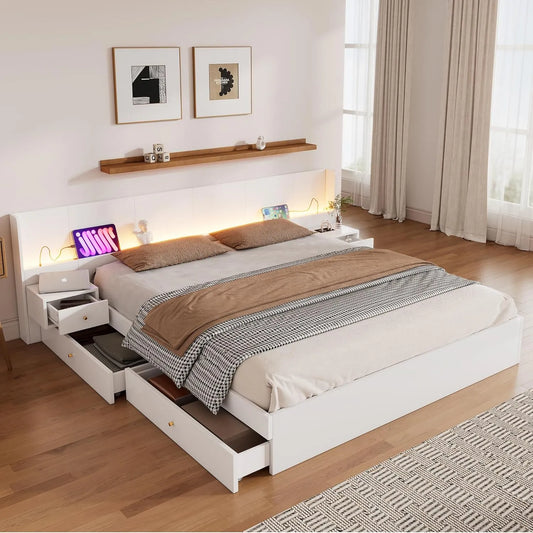 Łóżko podwójne: z drewna, z szufladami, z portem USB, sterowanie przez aplikację, 180 × 200 cm, z oświetleniem LED