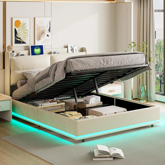 Łóżko tapicerowane i rama łóżka z obiciem – z portem USB, tapicerka aksamitna, wyświetlacz LED, 2-osobowe, 160 × 200 cm, beżowy, z metalu