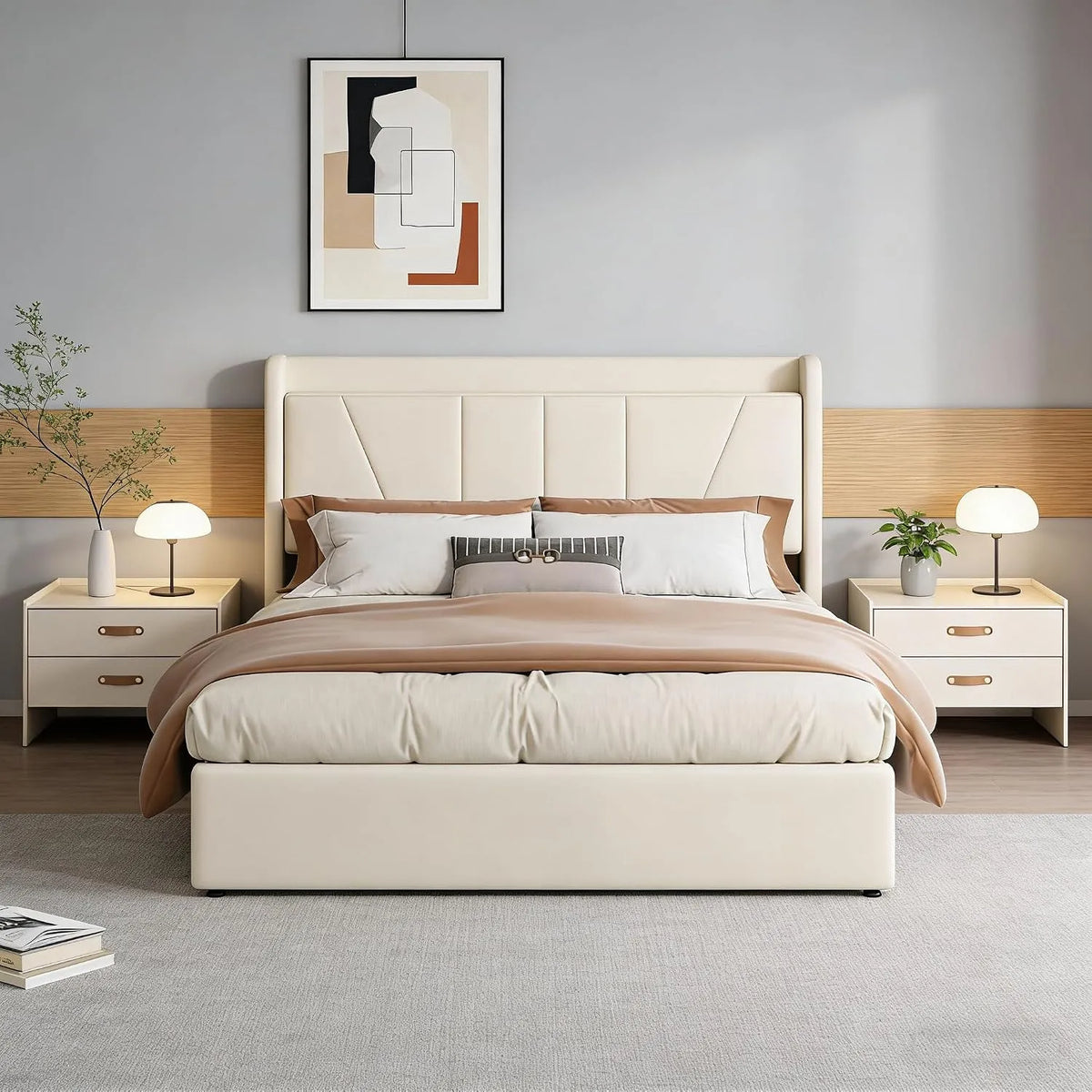 Łóżko tapicerowane i rama łóżka z obiciem — z portem USB, wyświetlacz LED, 160 × 200 cm, beżowy, z metalu