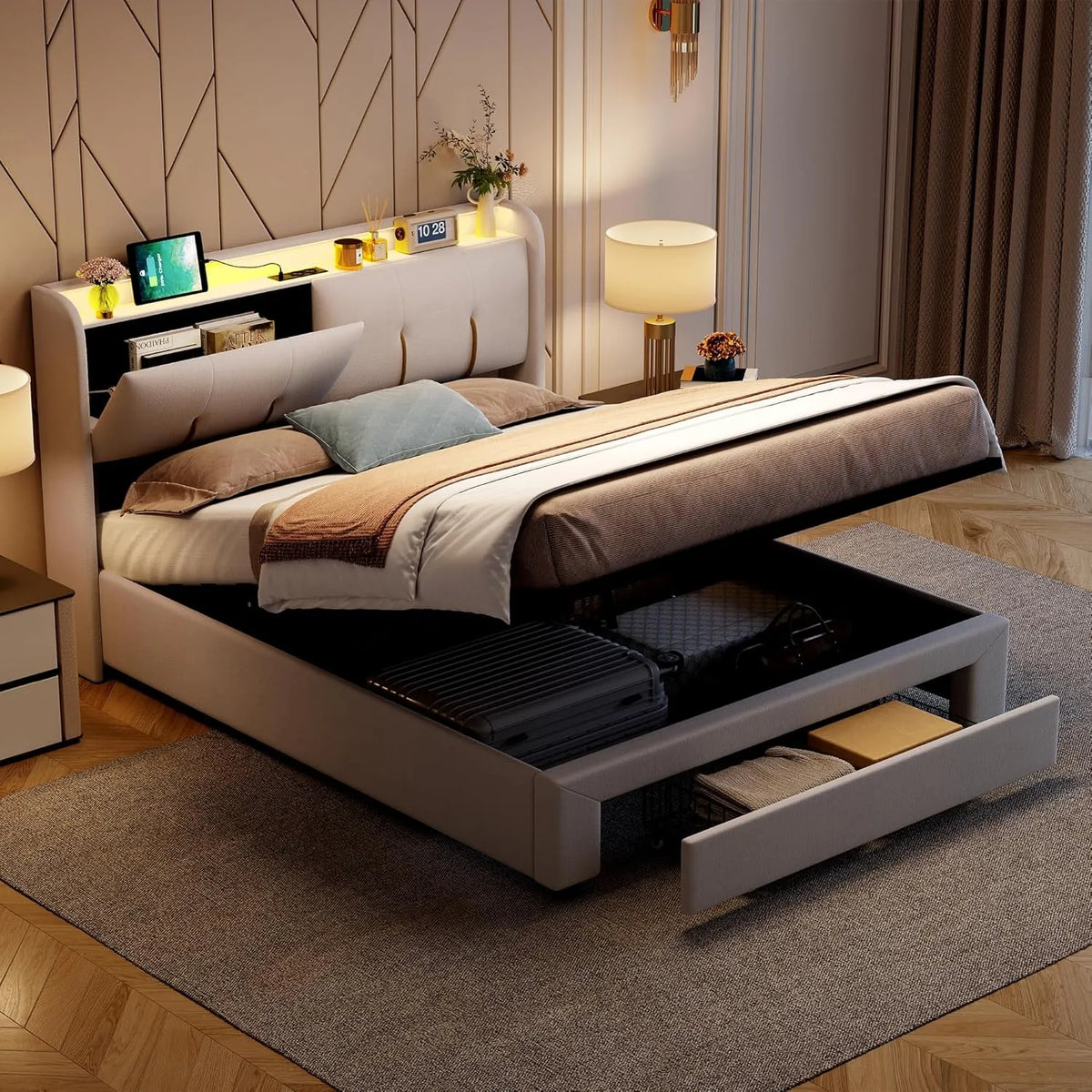 Łóżko tapicerowane i rama łóżka z obiciem – z szufladami, z portem USB, wyświetlacz LED, 140 × 200 cm