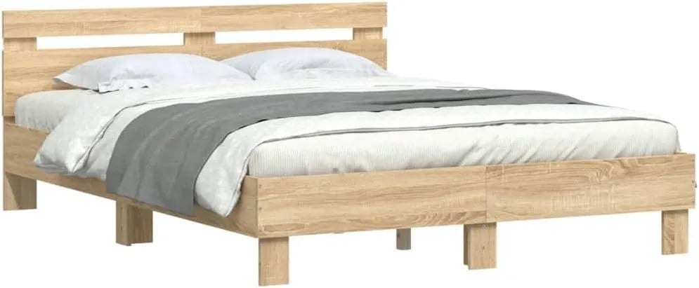 Rama łóżka i konstrukcja łóżka z wezgłowiem i LED – wyświetlacz LED, 140 × 190 cm
