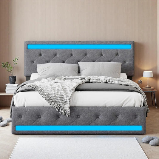 Łóżko tapicerowane i rama łóżka z obiciem — tapicerka materiałowa, z drewna, z szufladami, z portem USB, 4 szufladami, 180 × 200 cm, szary