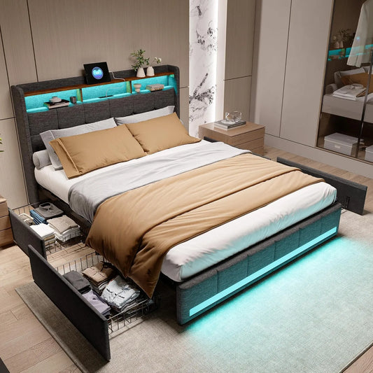 Łóżko 2-osobowe LED z gniazdkiem — z szufladami, z portem USB, wyświetlacz LED, 4 szufladami, 140 × 190, 140 × 190 cm, szary