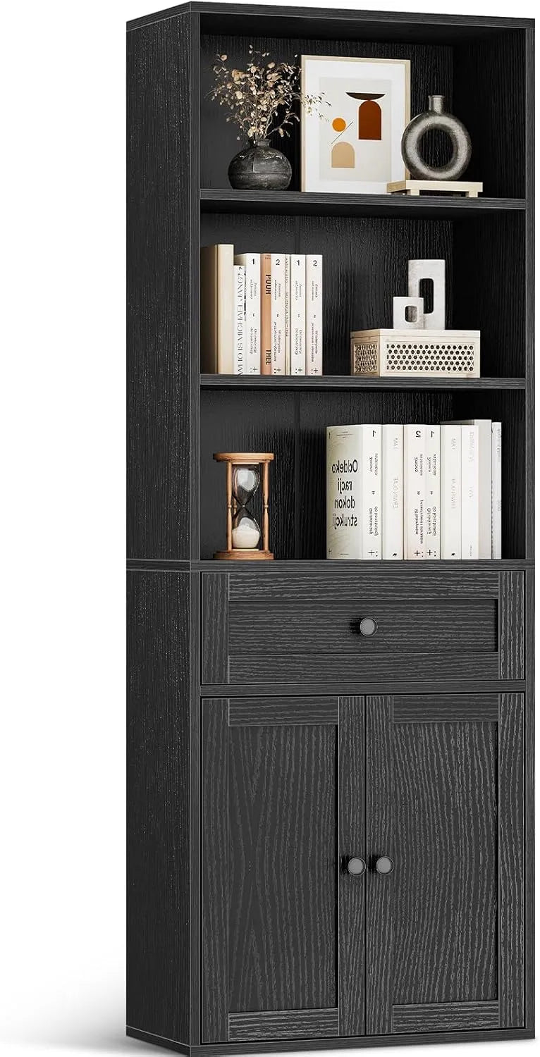 Coleshome 5-poziomowa biblioteczka z drzwiami i szafką – z szufladami, do użytku domowego, 48 × 24 × 164.2, czarny