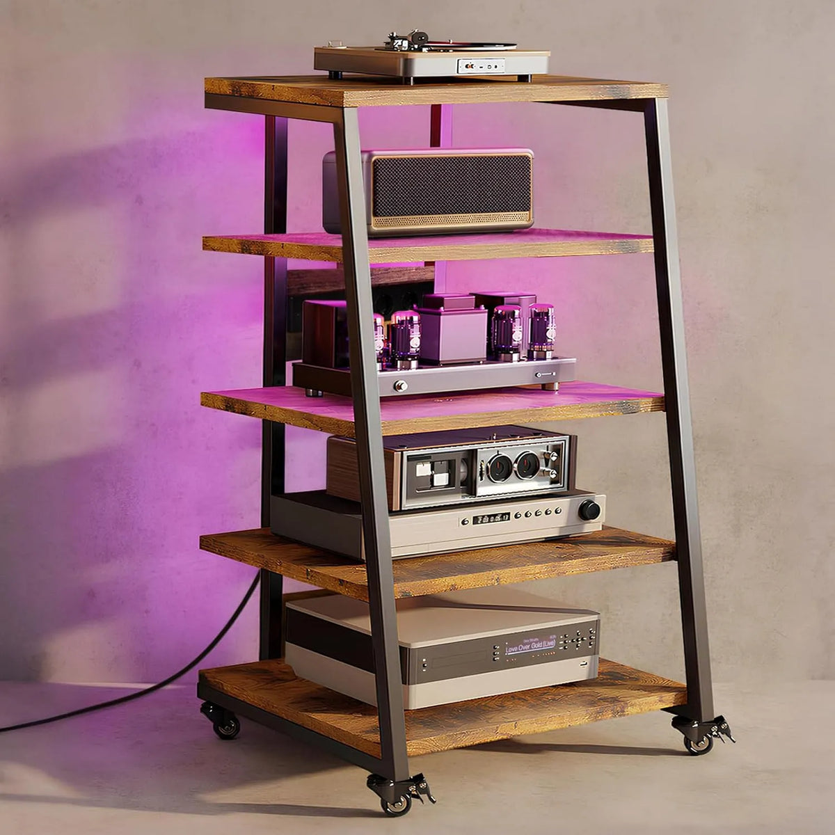 5-stopniowy stojak HiFi z kółkami — z drewna, regulowana konstrukcja, wyświetlacz LED, na kółkach, 60 × 52