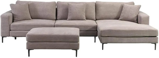 Sofa narożna — BELLANO, ze sztruksu, z poduszkami, 340 × 188 × 94 cm, beżowy