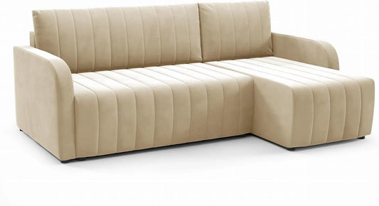 Sofa narożna — tapicerka materiałowa, z funkcją spania, 200 × 140 cm, 224 cm, beżowy, z pojemnikiem do przechowywania, rozkładana konstrukcja