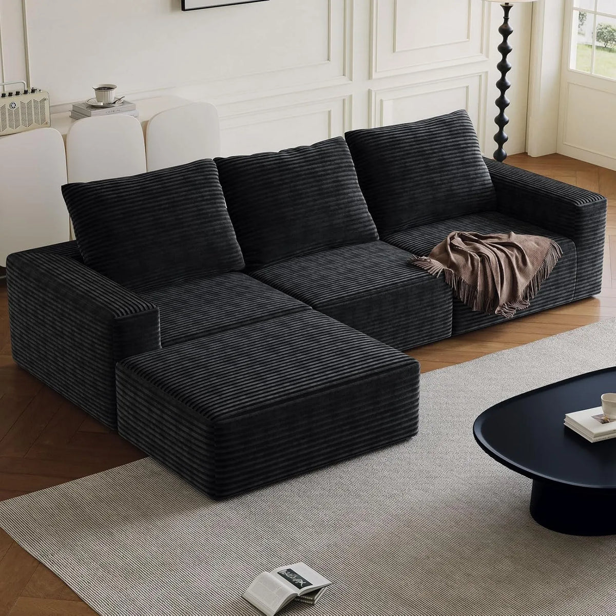 Sofa narożna – modułowa konstrukcja, ze sztruksu, wypełnienie piankowe, z poduszkami, 3-osobowa, czarny