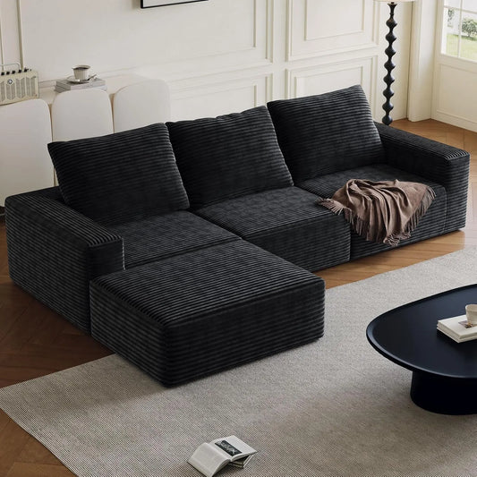 Sofa narożna – modułowa konstrukcja, ze sztruksu, wypełnienie piankowe, z poduszkami, 3-osobowa, czarny