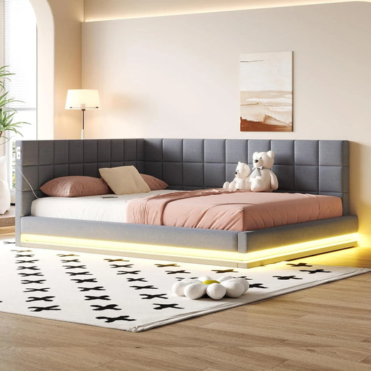 Łóżko tapicerowane i rama łóżka z obiciem – z funkcją spania, z portem USB, tapicerka aksamitna, wyświetlacz LED, 160 × 200 cm, szary