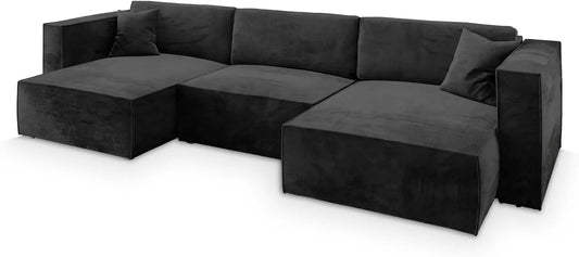 Sofa narożna — SARMO, z funkcją spania, czarny, z pojemnikiem do przechowywania, rozkładana konstrukcja