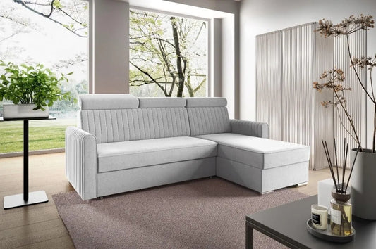 Sofa narożna: tapicerka materiałowa, z funkcją spania, regulowana konstrukcja, 213 × 100 × 165 cm, z pojemnikiem do przechowywania