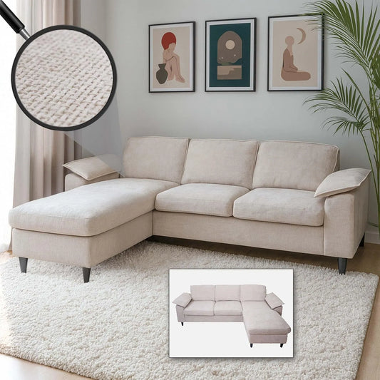 Sofa narożna – HWC-O71, beżowy, w kształcie litery L, z drewna, 84 × 229 × 140cm, 320 g